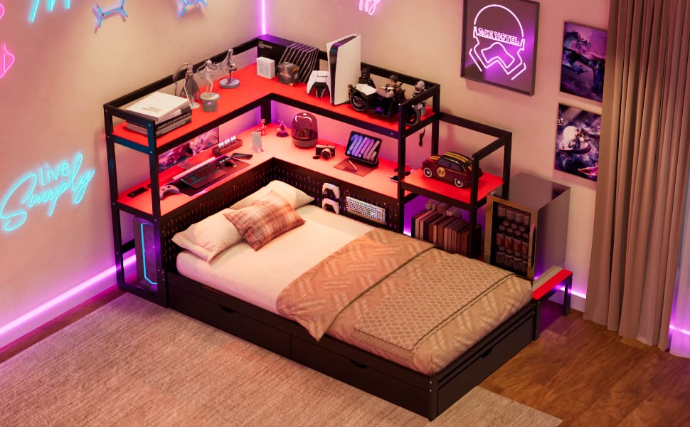 Twin Size Gaming Daybed Black+Red MDF Frame with LED Lights