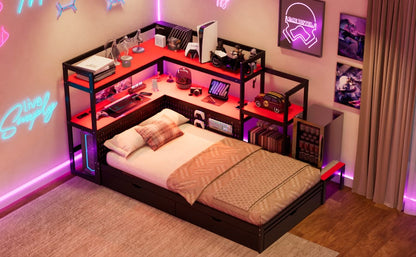 Twin Size Gaming Daybed Black+Red MDF Frame with LED Lights