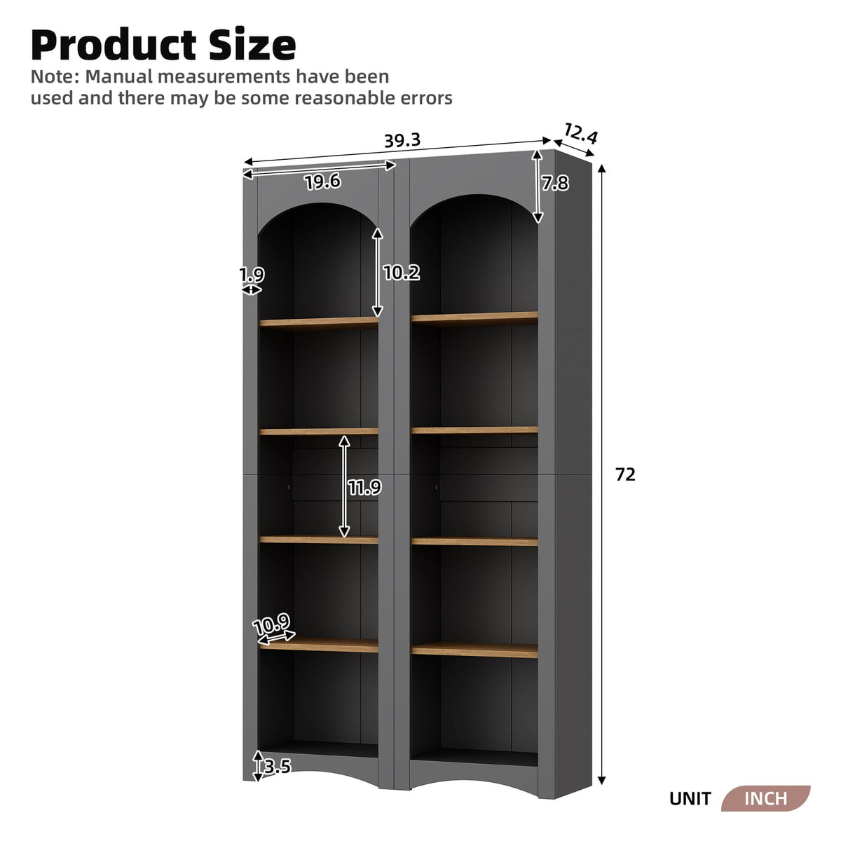 Grey Farmhouse Bookshelf Set of 2 with Adjustable Shelves for Living Room