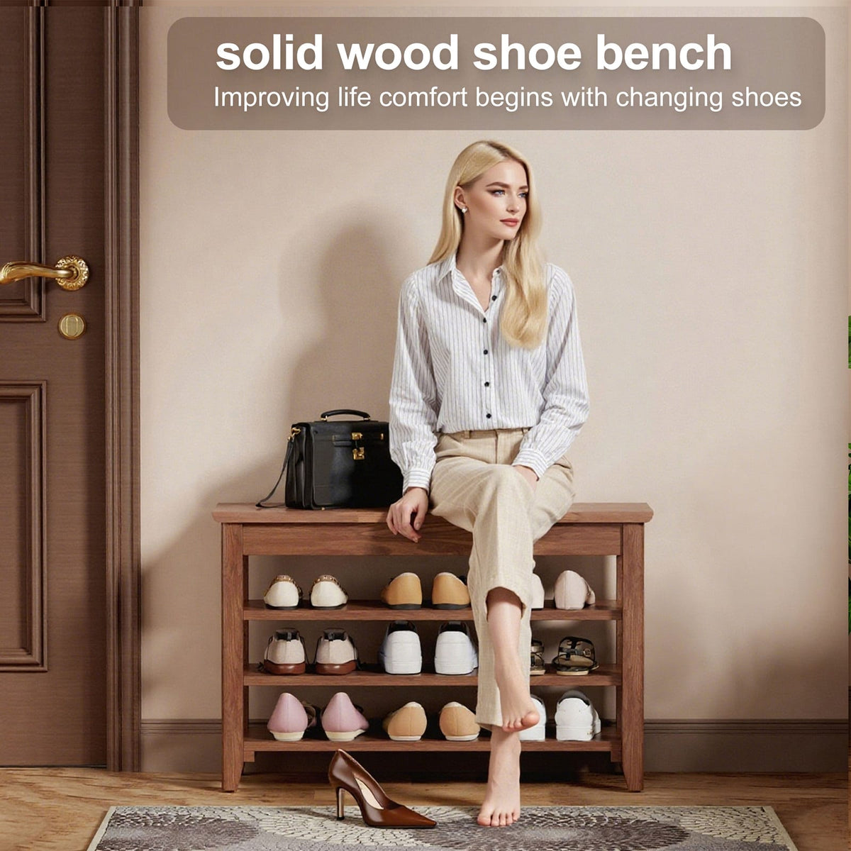 Walnut Solid Wood Shoe Storage Bench with Hidden Storage for Living Room