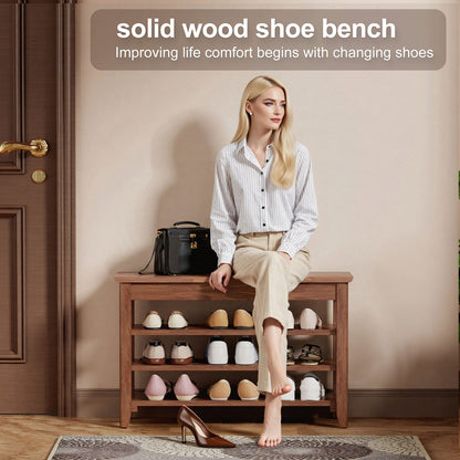 Walnut Solid Wood Shoe Storage Bench with Hidden Storage for Living Room