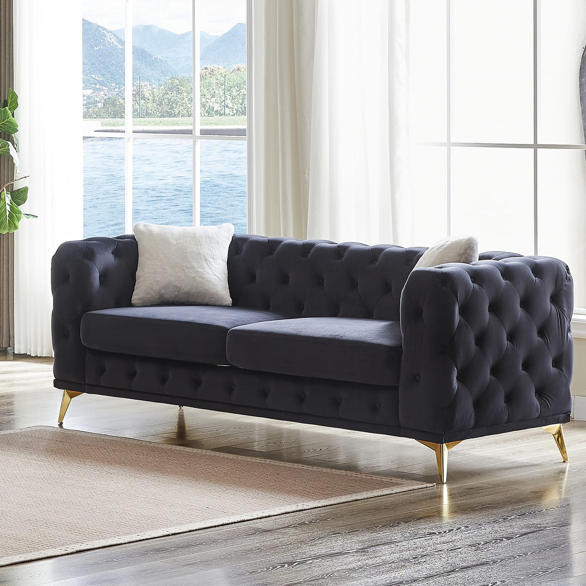 Black Velvet 3 Seat Chesterfield Sofa with Tufting for Living Room