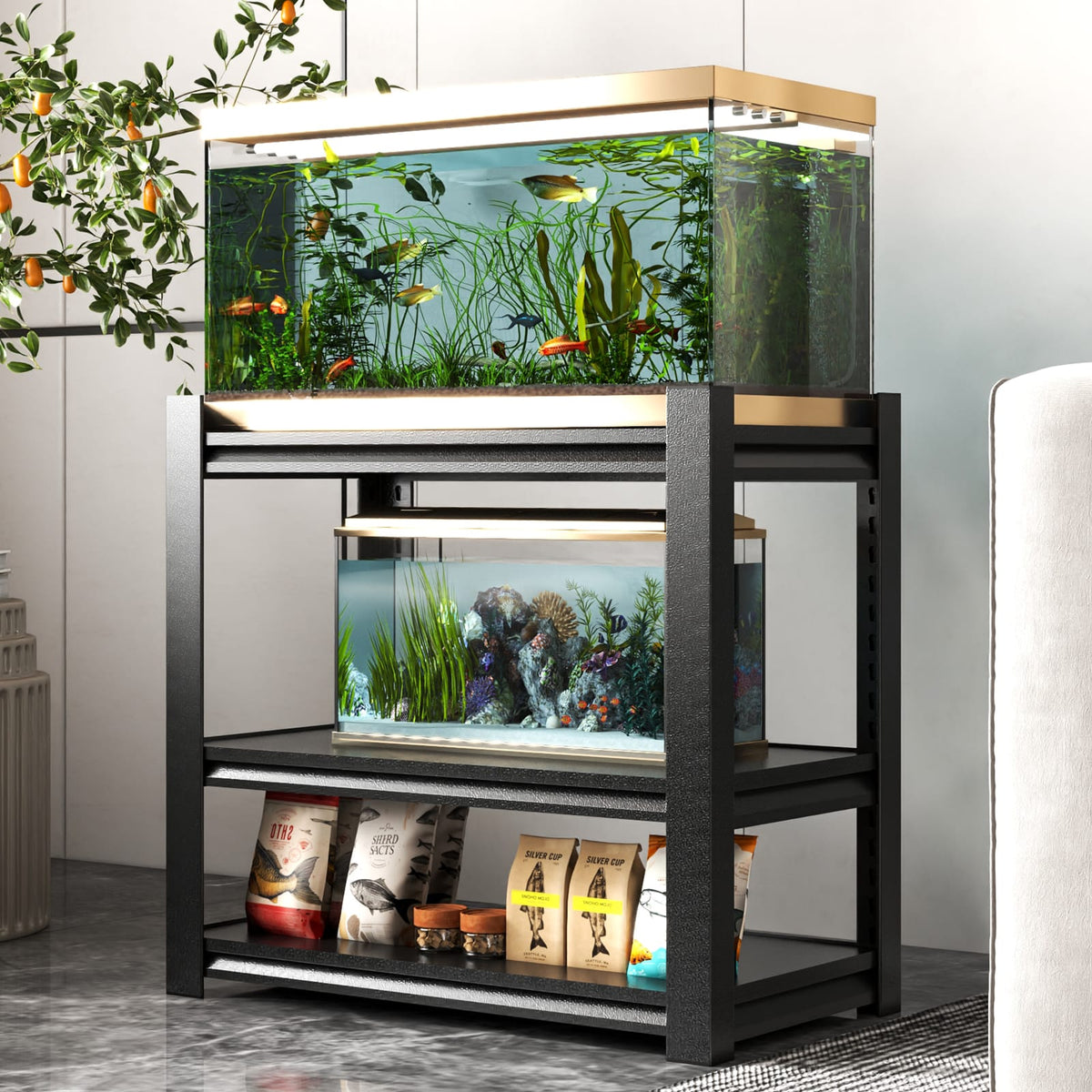 Heavy-Duty 20-30 Gallon Fish Tank Stand - Black Metal Shelf