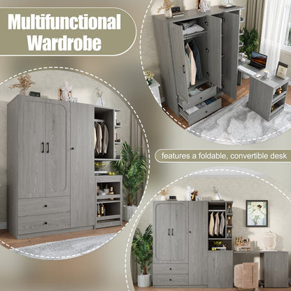 Gray Convertible Wardrobe with Foldable Desk - Bedroom Storage