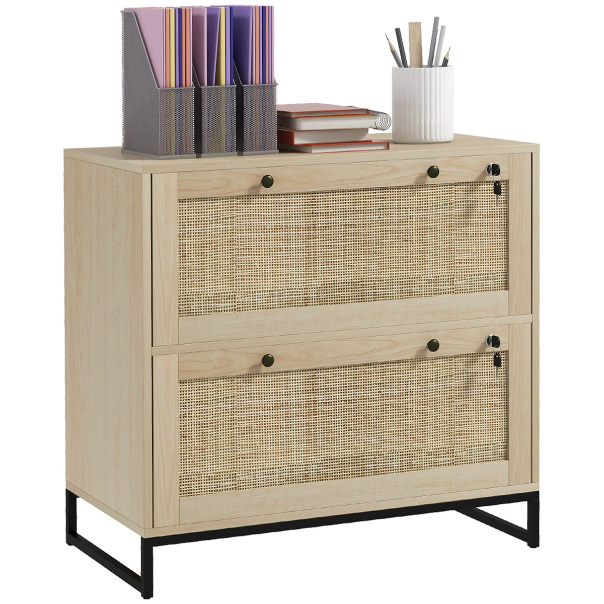 Natural Rattan File Cabinet - 2 Drawers with Lock