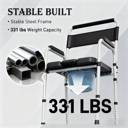 Black Adjustable Bedside Commode Chair - 331 lb Capacity