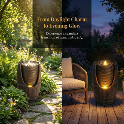 Brown Gray Resin Barrel Water Fountain with Lights