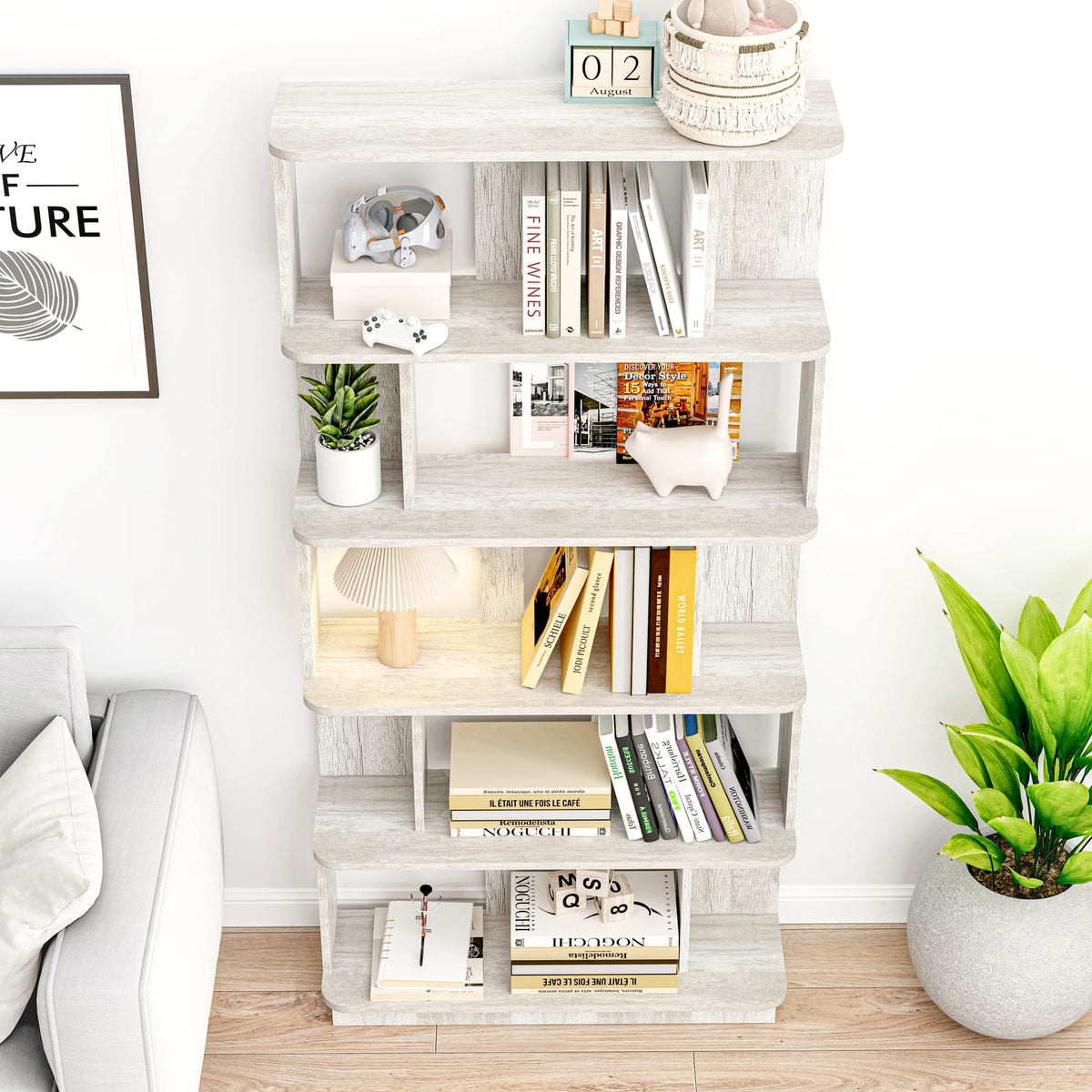 Light Gray 64.56" Modern 5-Tier Bookcase MDF Display Shelving