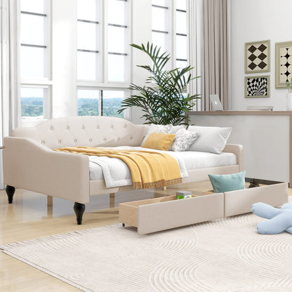 Full Size Beige Upholstered Daybed with Drawers - No Box Spring Needed for Bedroom