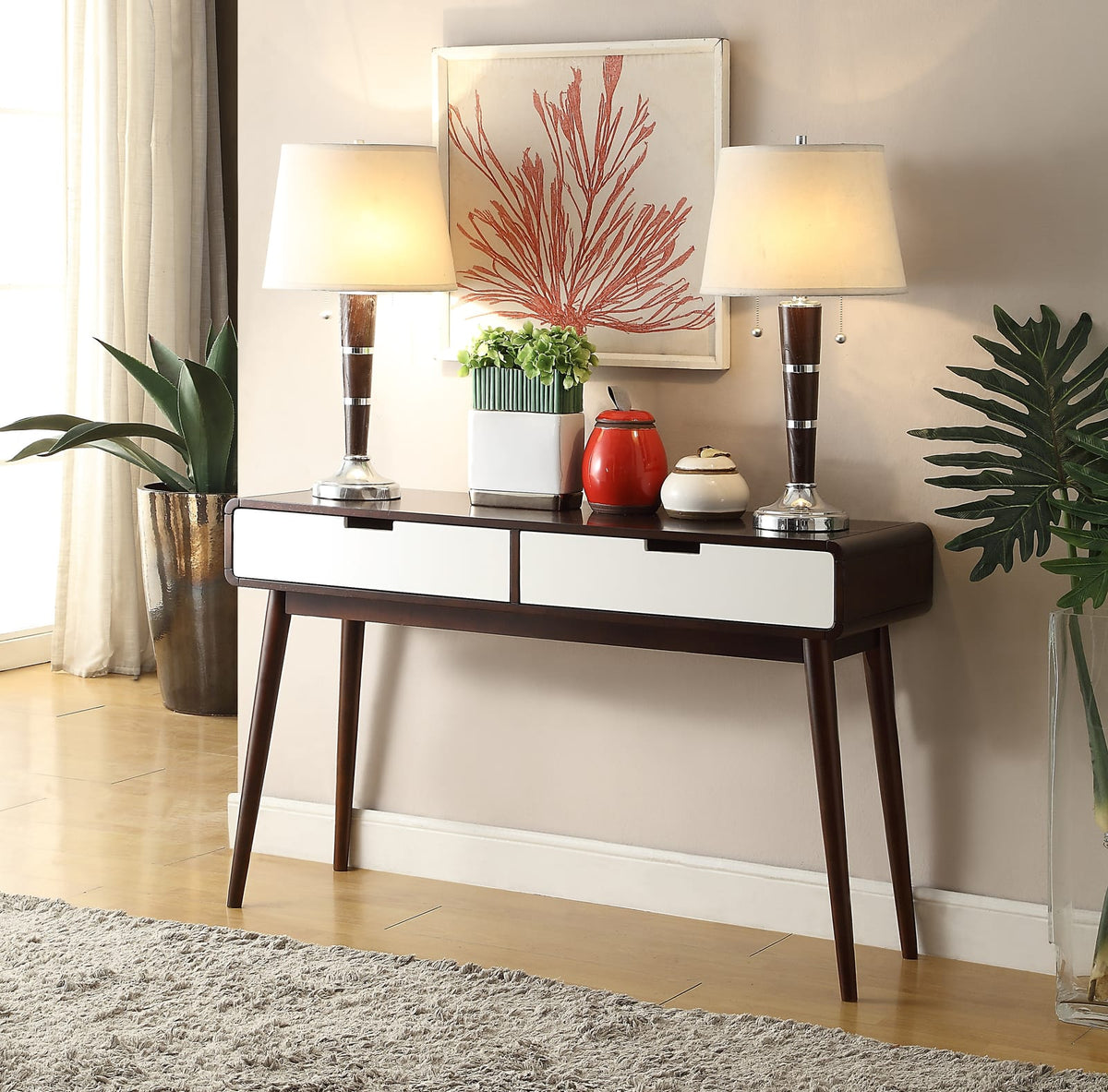 Espresso White Synthetic Wood Storage Table with Drawers for Living Room