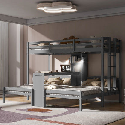 Gray Solid Wood Bunk Bed with Integrated Desk and Storage for Bedroom