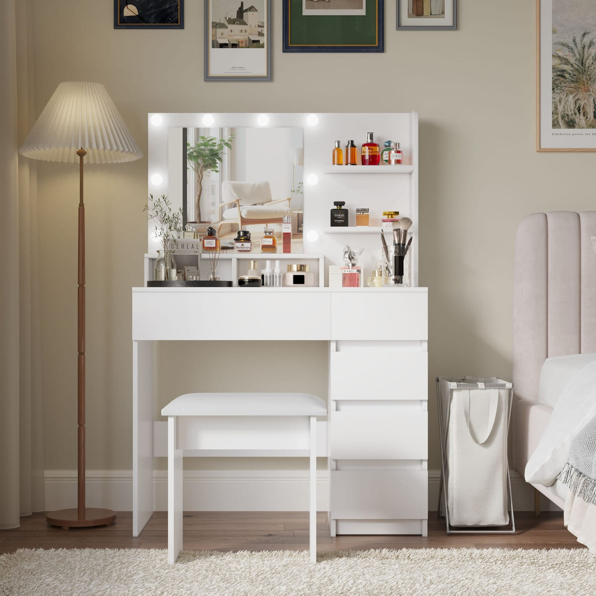 White Makeup Vanity Desk Set with Mirror & Lights - 4 Drawers