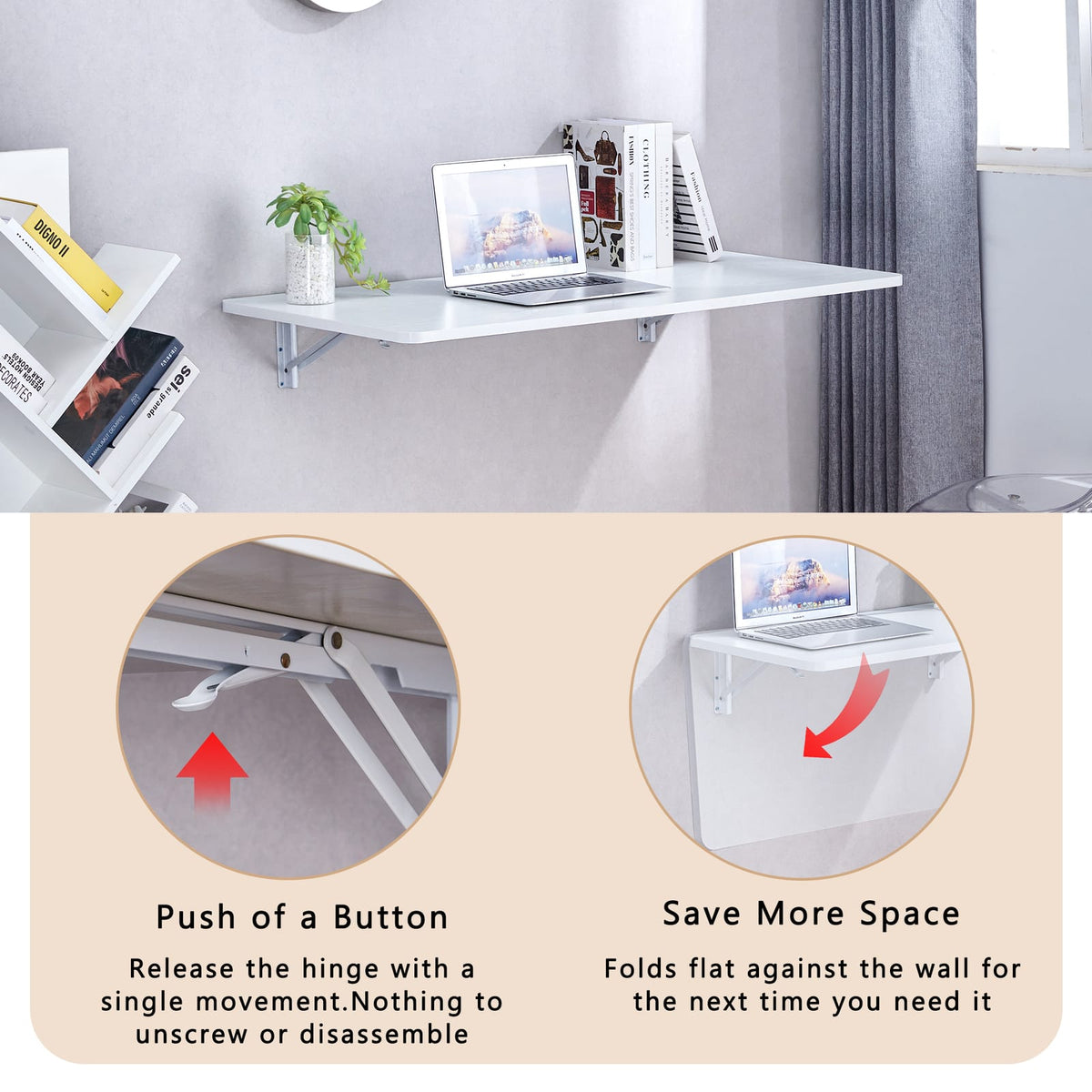 45 Inch White Folding Table - MDF Space Saving Desk for Living Room
