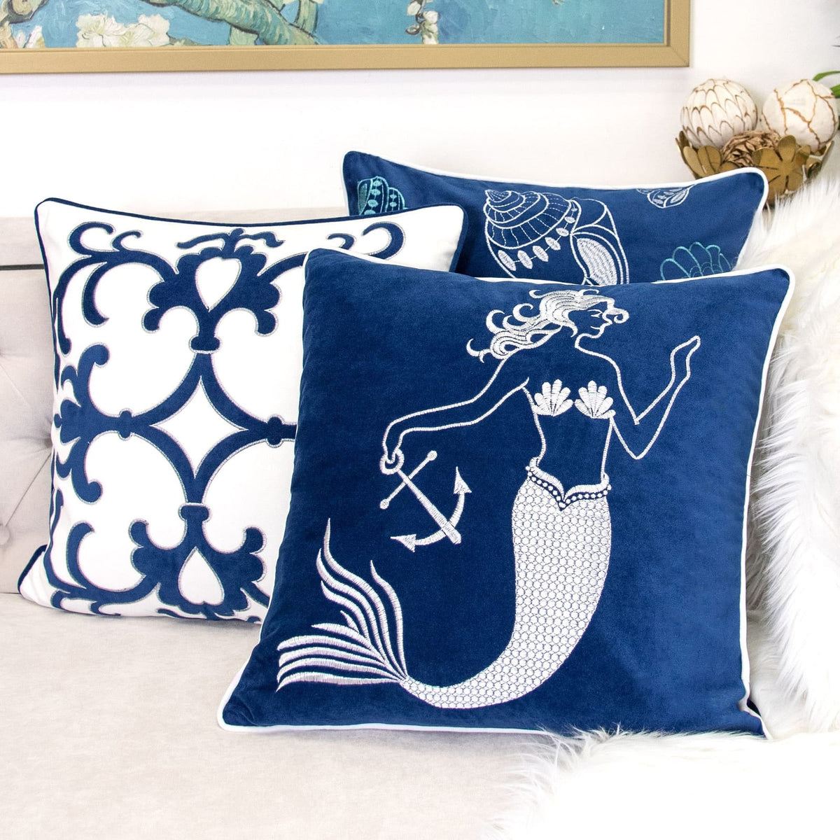Indigo Mermaid Pillow Cover 20x20 - Polyester Velvet