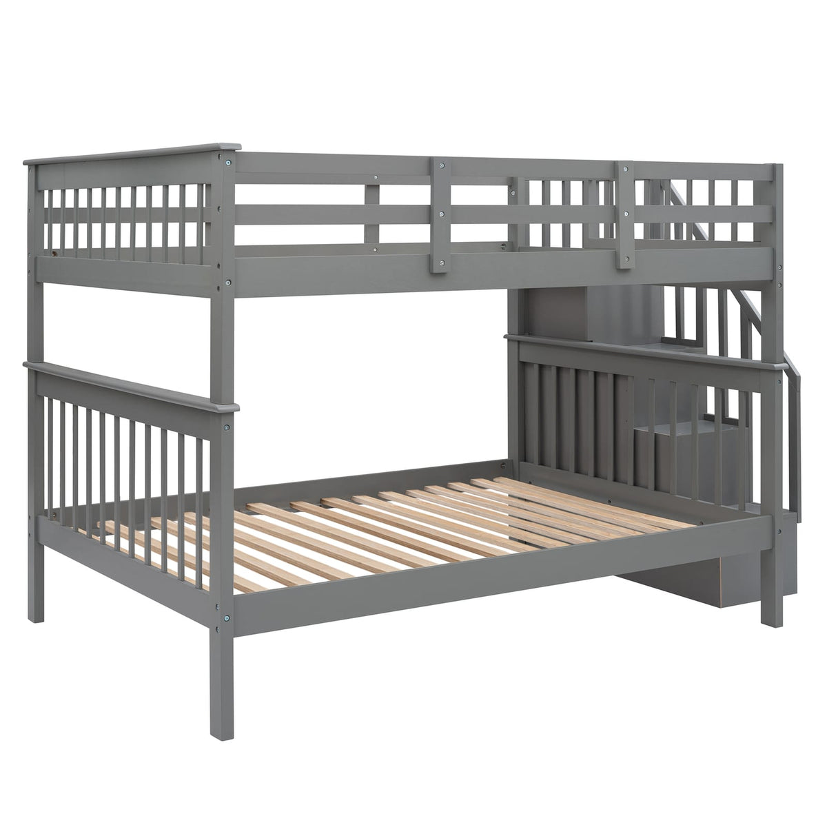 Gray Solid Wood Bunk Bed - Full Over Full with Stairs for Bedroom