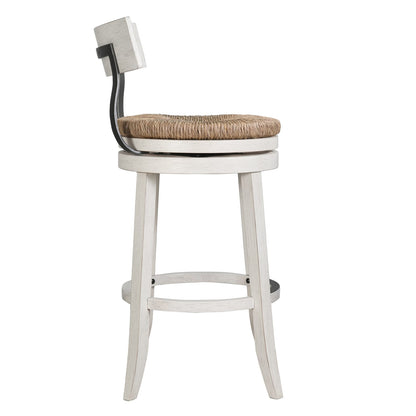 Reclaimed Wood Bar Stool with Seagrass Seat, White Finish for Bedroom