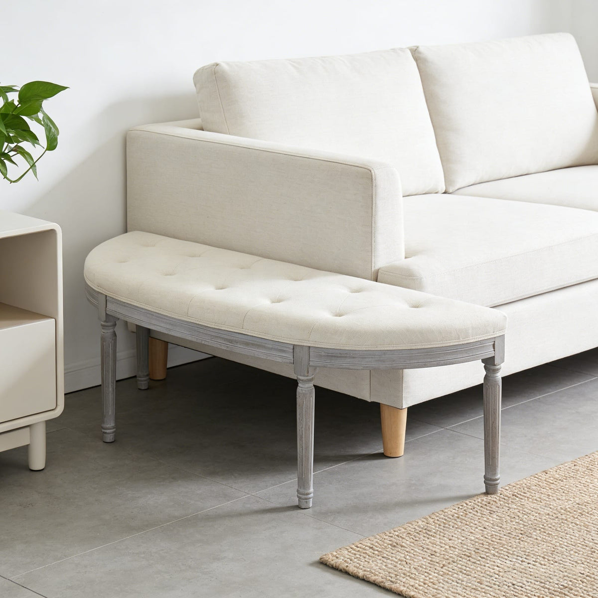 Light Beige Button Tufted Bench - Gray Wood Frame for Bedroom