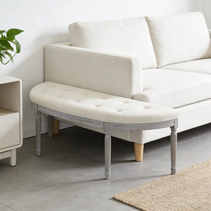 Light Beige Button Tufted Bench - Gray Wood Frame for Bedroom