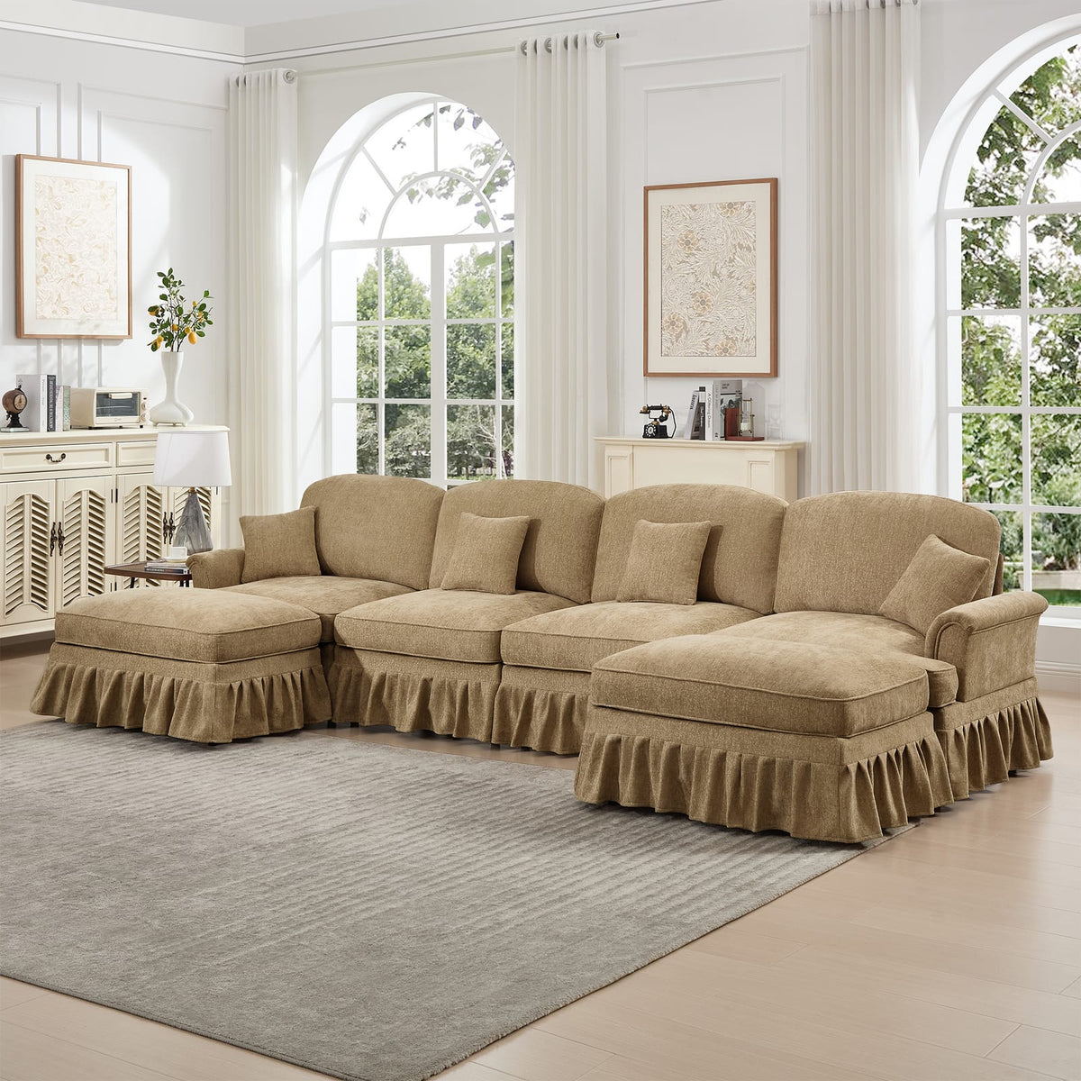 Light Coffee Chenille 4 Seat Sectional Sofa Couch for Living Room