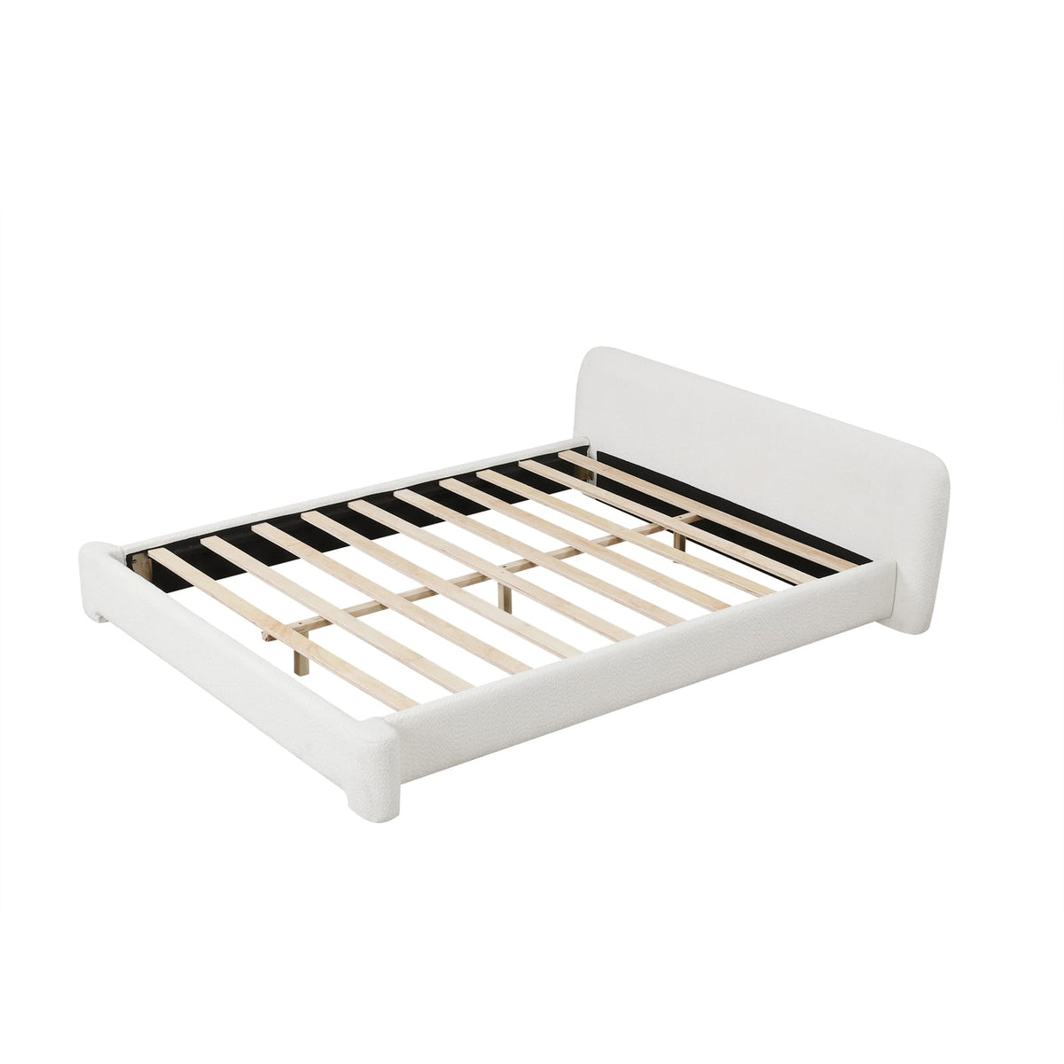 Cozy White Boucle Upholstered Bed - King Size, Box Spring Not Required