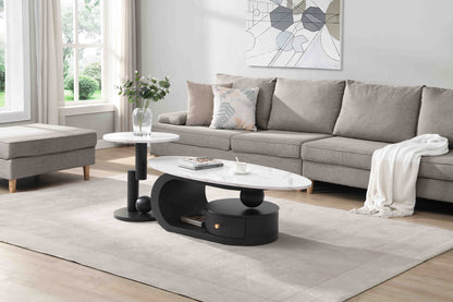 Modern Nesting Coffee Table Set of 2 End Tables - White+Black MDF Iron