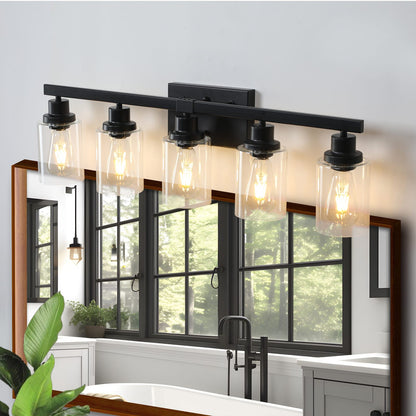 Modern Black 5-Light Bathroom Vanity Light Fixture - Iron & Glass