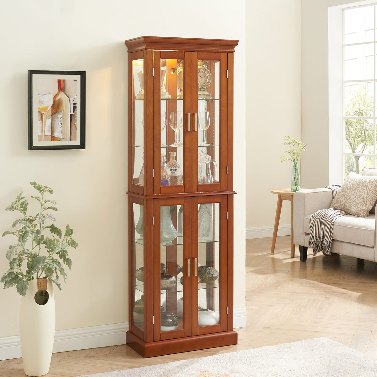 Walnut Curio Cabinet - Lighted Display Cabinet with Adjustable Shelves