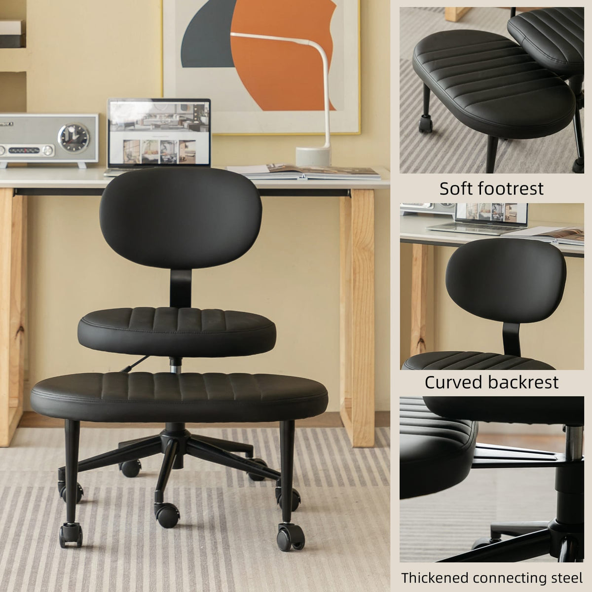 Black Faux Fur Cross Legged Office Chair - Ergonomic Support