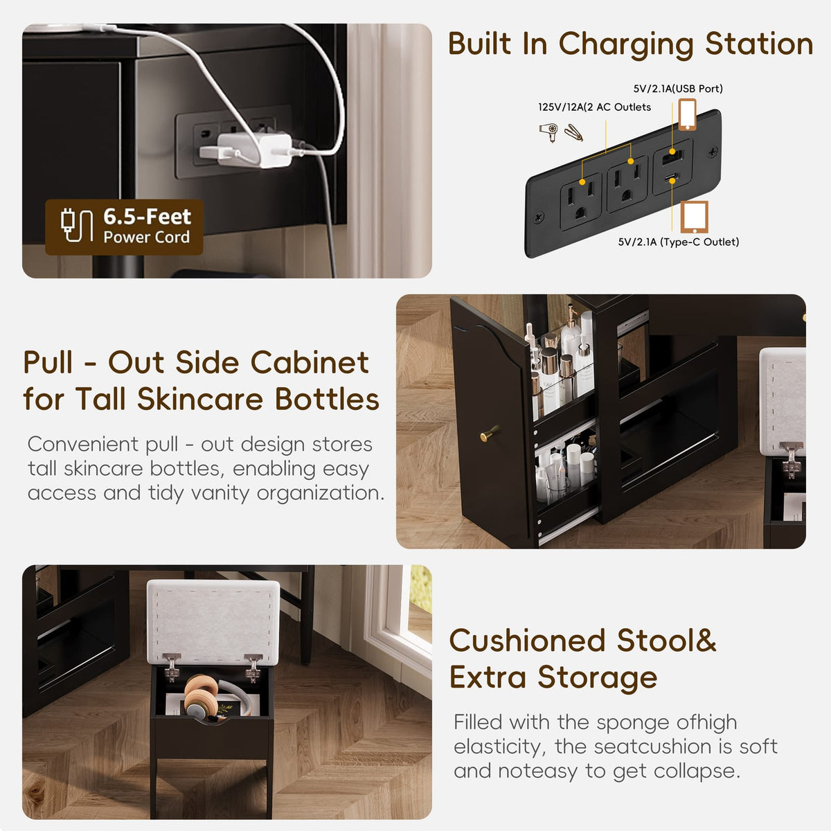 Black Corner Vanity Desk Set - Storage & Charging Station