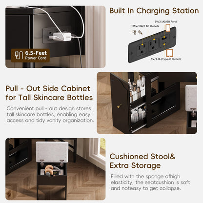 Black Corner Vanity Desk Set - Storage & Charging Station