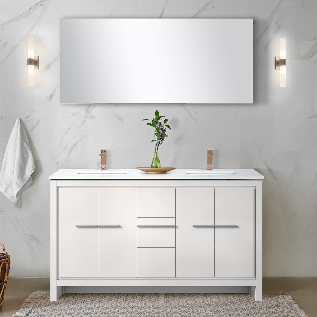 White Double Bath Vanity - Storage & Rose Gold Faucet for Bathroom