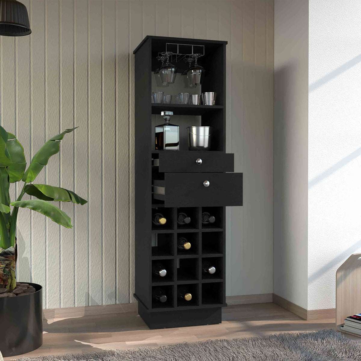 Black Modern Wine Bar Cabinet with 12 Racks