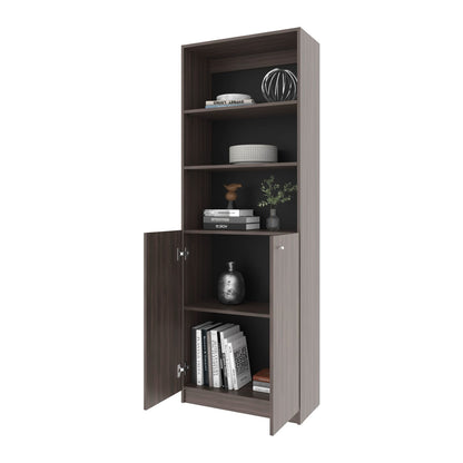 Stained Walnut Bookcase with Open Storage and 2 Doors - 5 Shelves