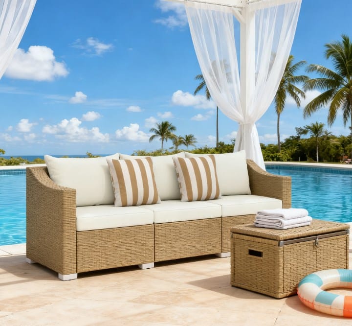 Cream White Rattan Patio Sofa - 79.1" Outdoor Seating