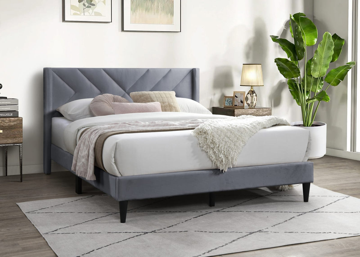 Elegant Grey Velvet Queen Bed Frame - Box Spring Not Required