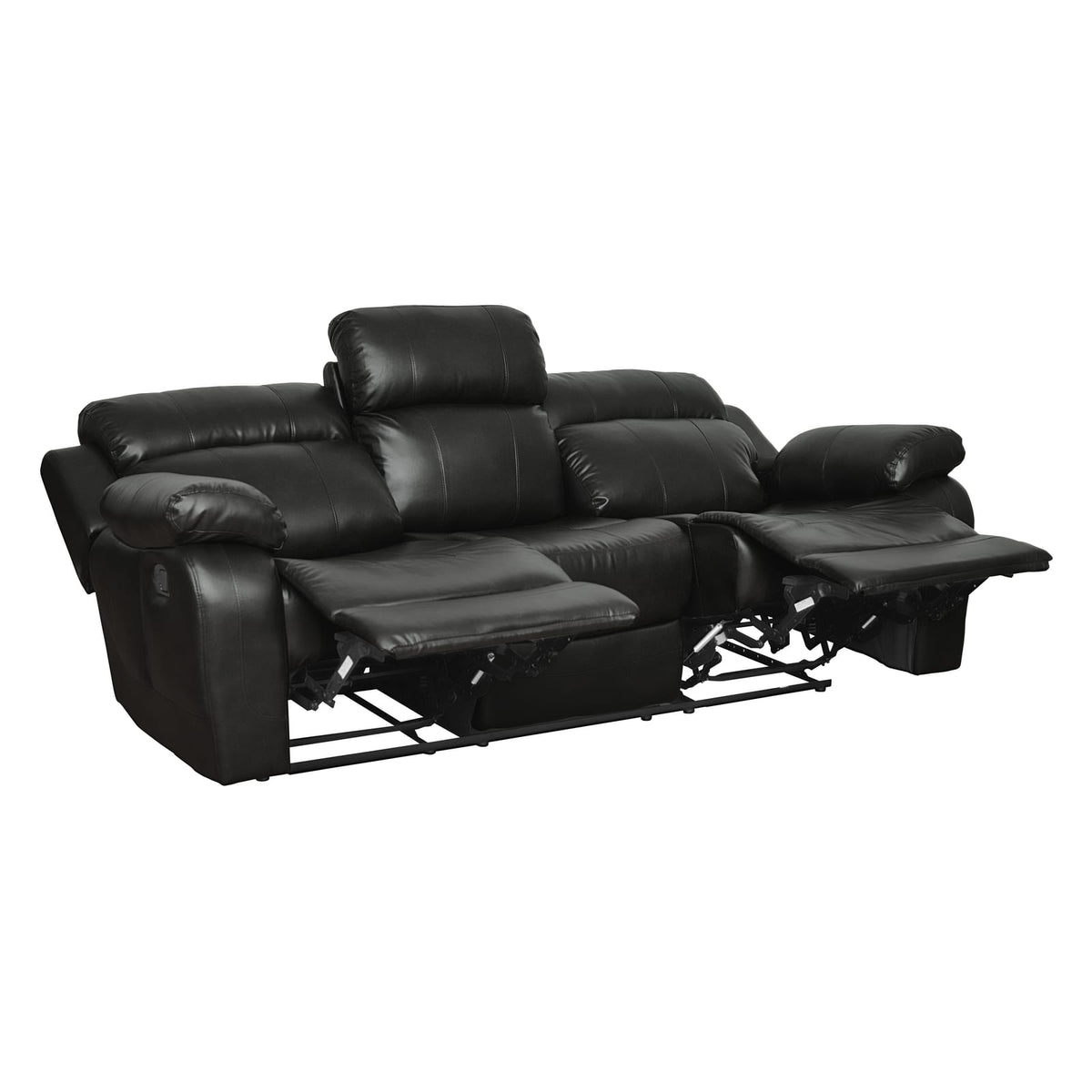 Contemporary Black Faux Leather Sofa - 1pc Double Reclining with Cup Holder