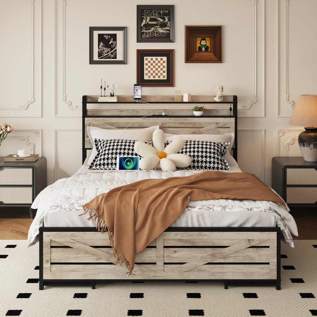 Full Size Gray Bed Frame with Storage Headboard & 12 Drawers for Bedroom