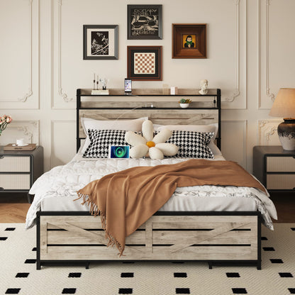 Full Size Gray Bed Frame with Storage Headboard & 12 Drawers for Bedroom