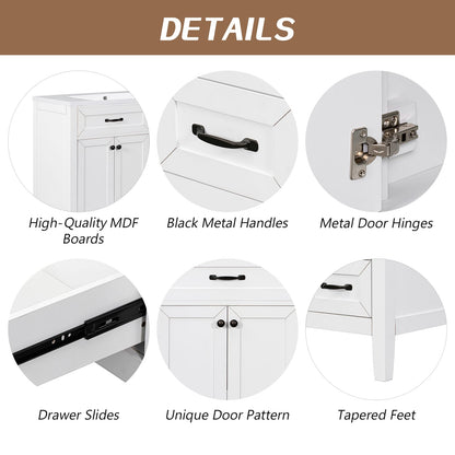 36 Inch White Bathroom Vanity Base - Solid Wood MDF