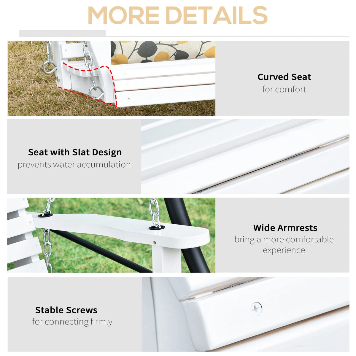 White Wood Steel Patio Swing Bench for Garden Outdoor Relaxation