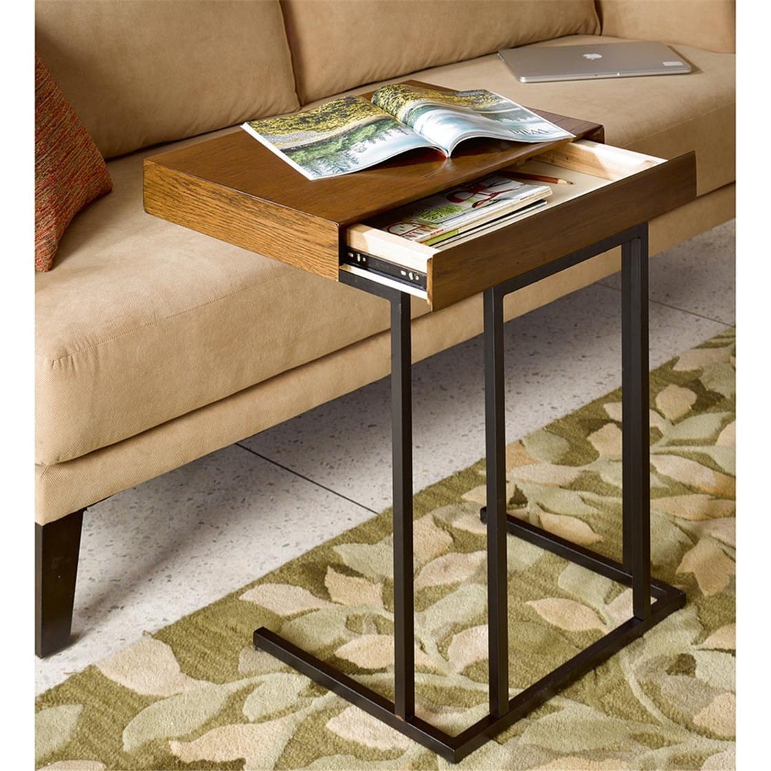 Pecan Wood Nightstand Table with Storage Drawers for Living Room