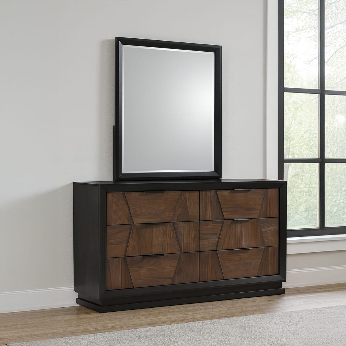 Walnut Wood Vanity Mirror with Beveled Glass for Modern Bedroom