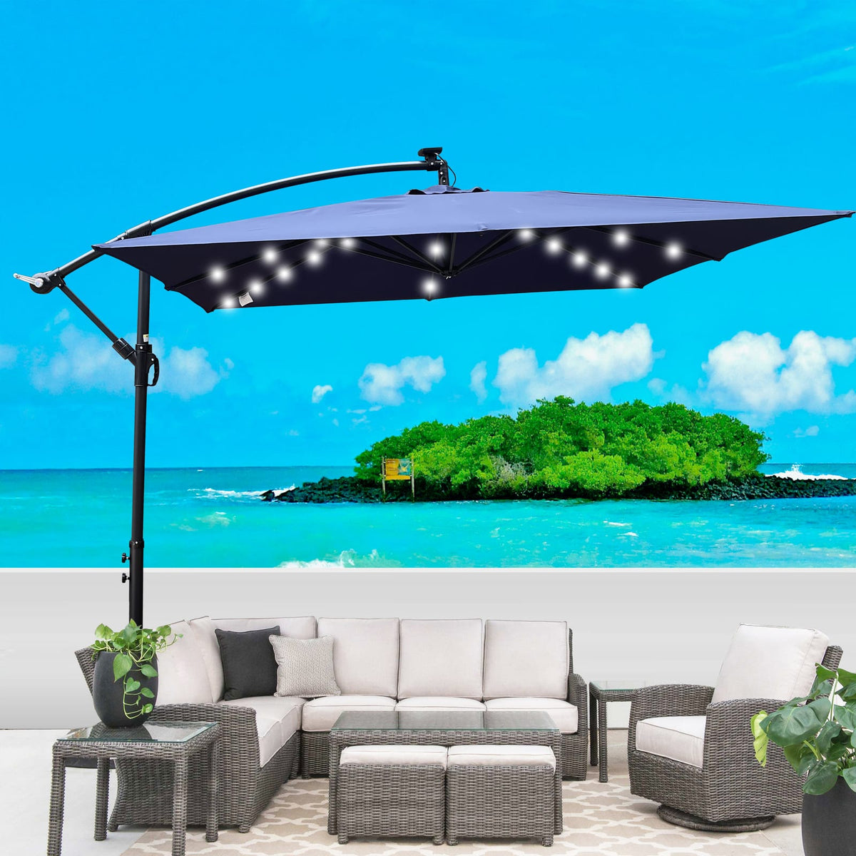 Solar Powered Navy Blue Patio Umbrella with LED Lights for Garden Deck