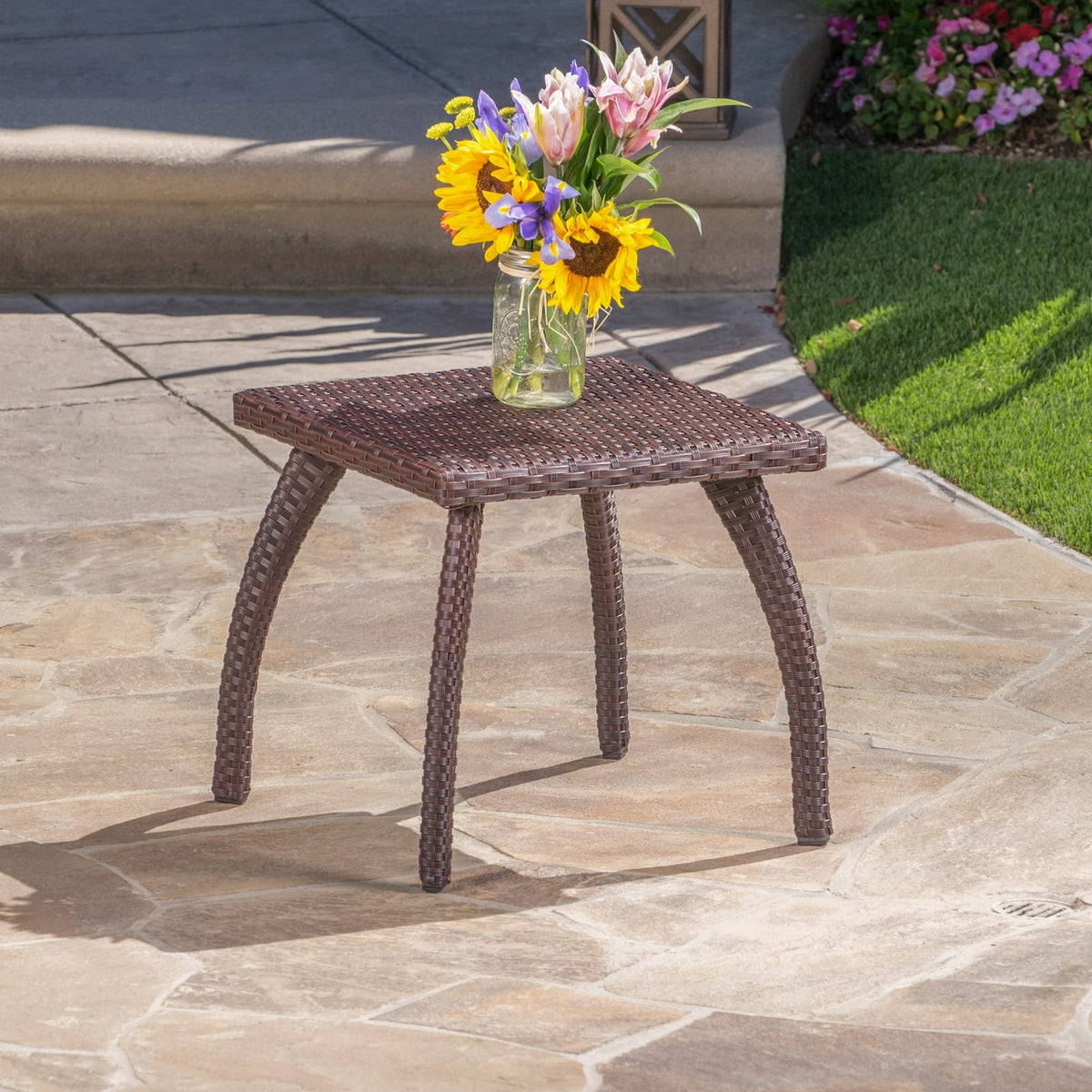 Brown Rattan Side Table for Patio Outdoor