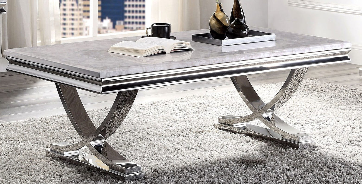 Modern Glam Coffee Table - Chrome, Faux Marble Top