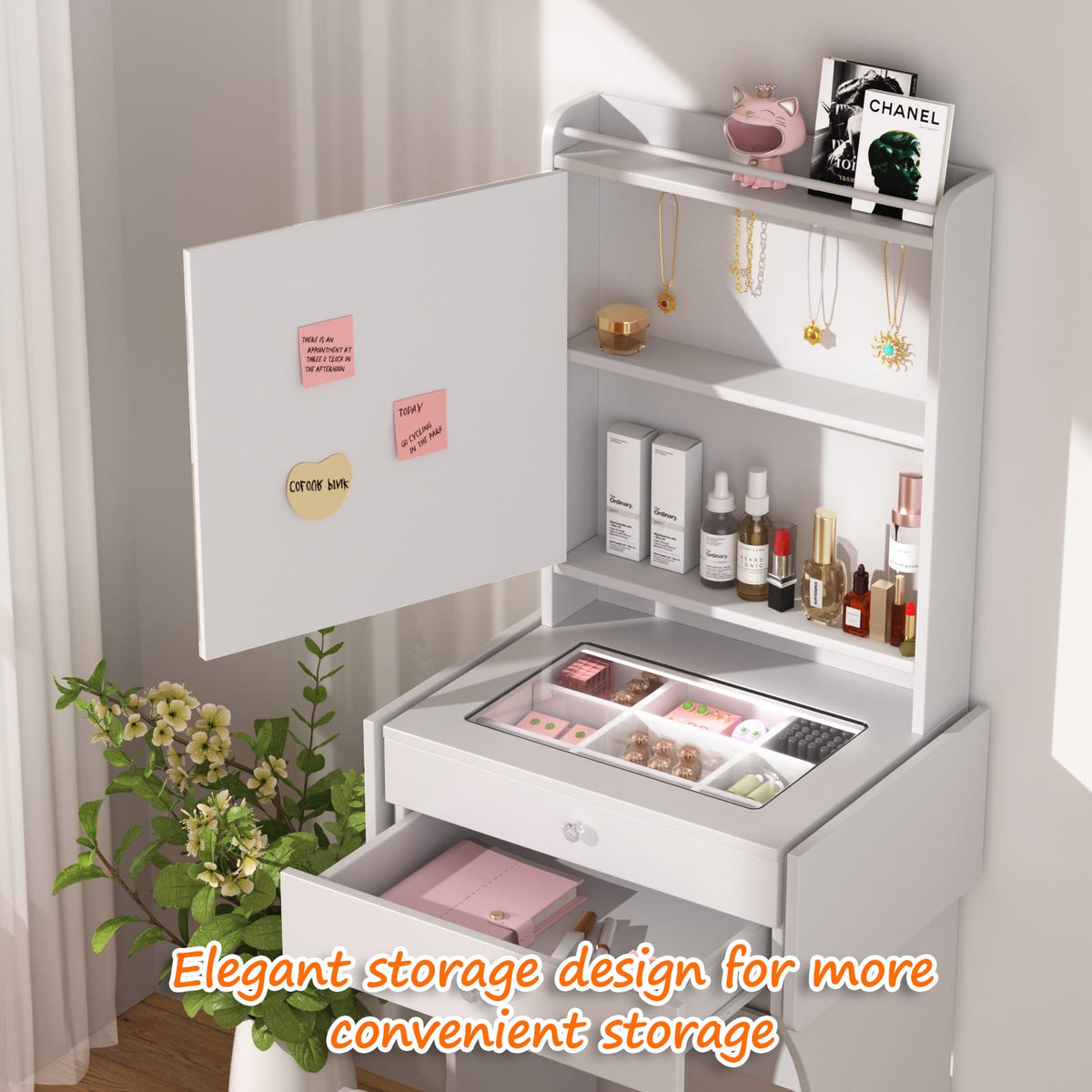 White MDF Makeup Vanity with Stool - Bedroom Storage