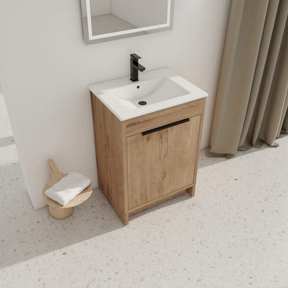 Modern Imitative Oak Freestanding Bathroom Vanity with Ceramic Sink