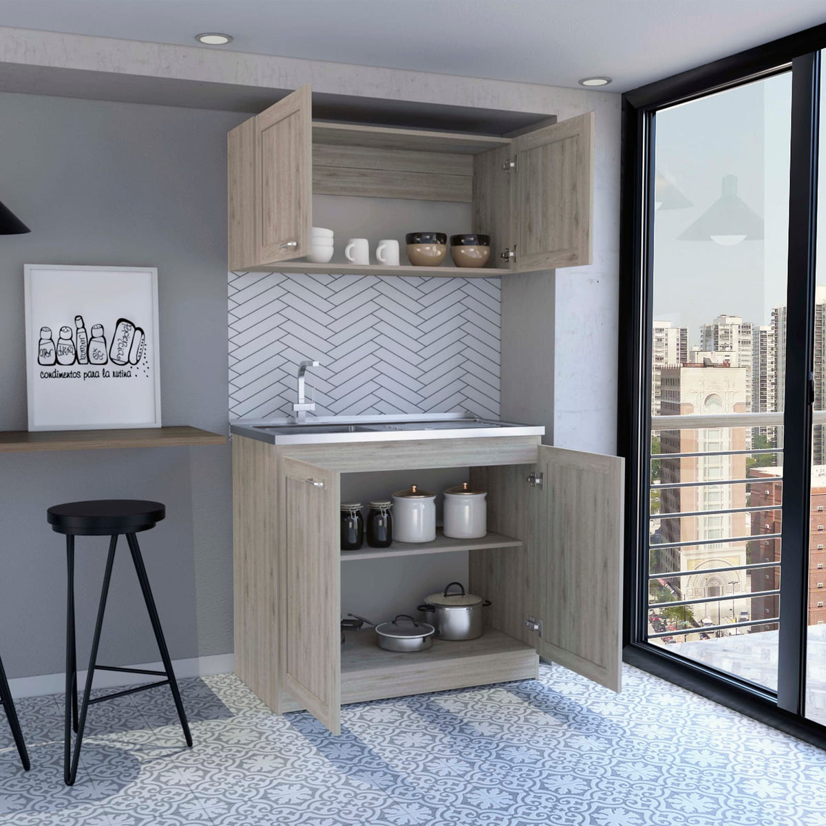 Light Gray Particle Board Kitchen Dining Set with Countertops