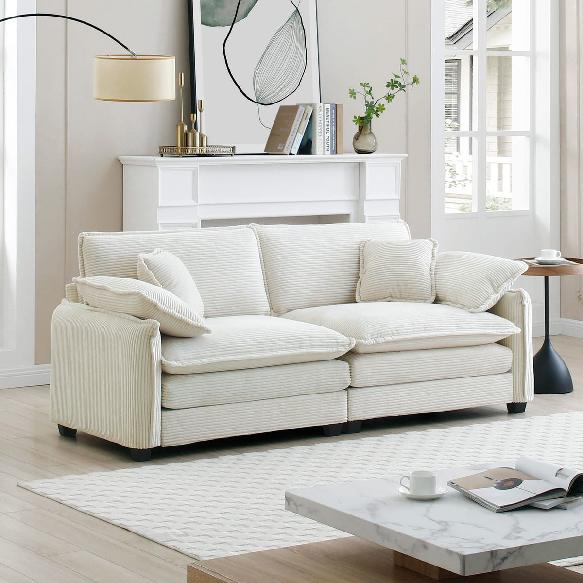 Beige Corduroy 2-Seat Sofa - Comfortable Living Room Sofa