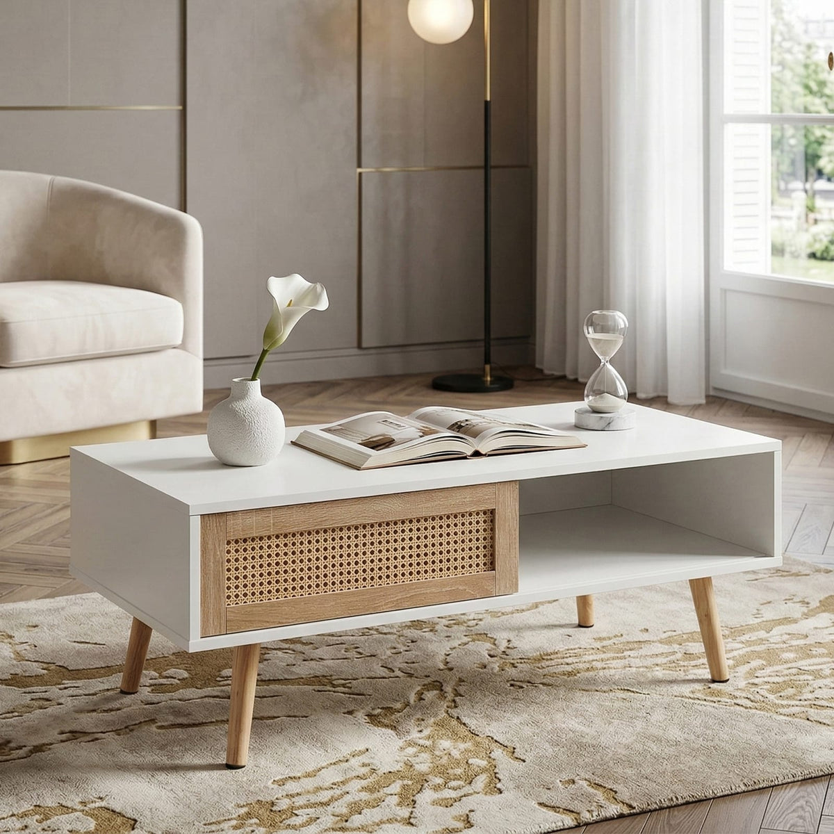 41.34" Rattan Coffee Table with Sliding Door - White for Living Room